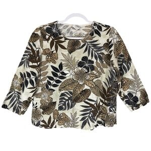 Hot Cotton Linen‎ Blend Tropical Floral Print 3/4 Sleeve Top Sz M Made in USA